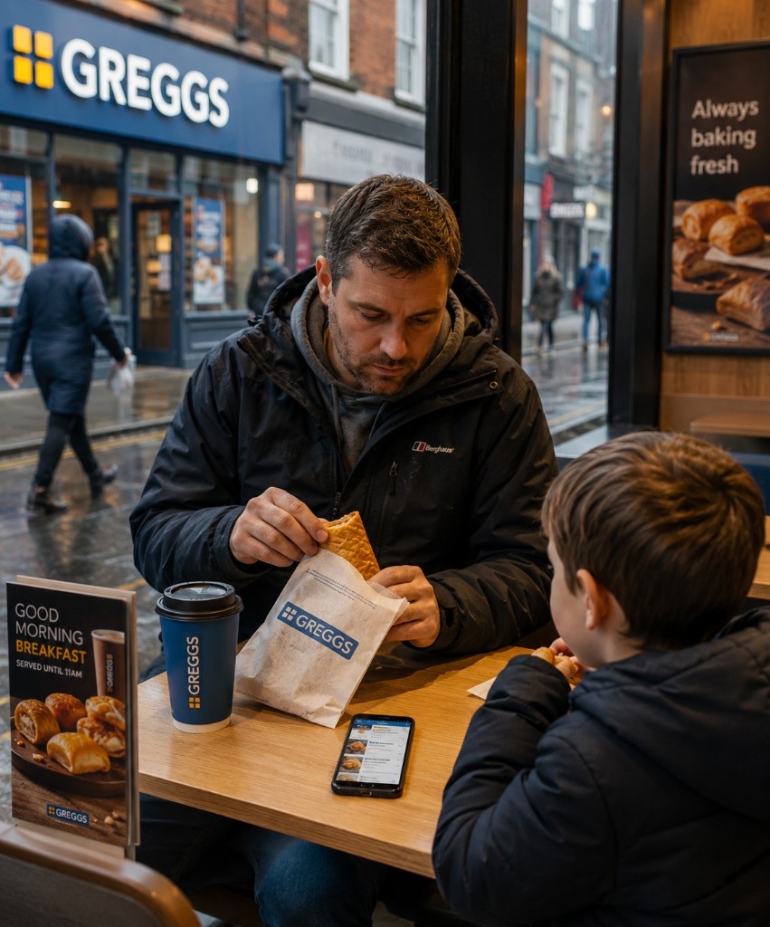Father and son in Greggs checking food options on MyMacroGo