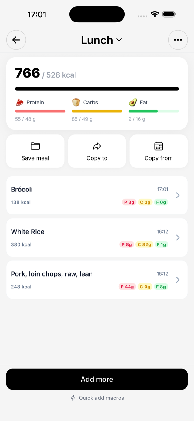 Lunch meal log in MyMacroGo with calories and macro breakdown