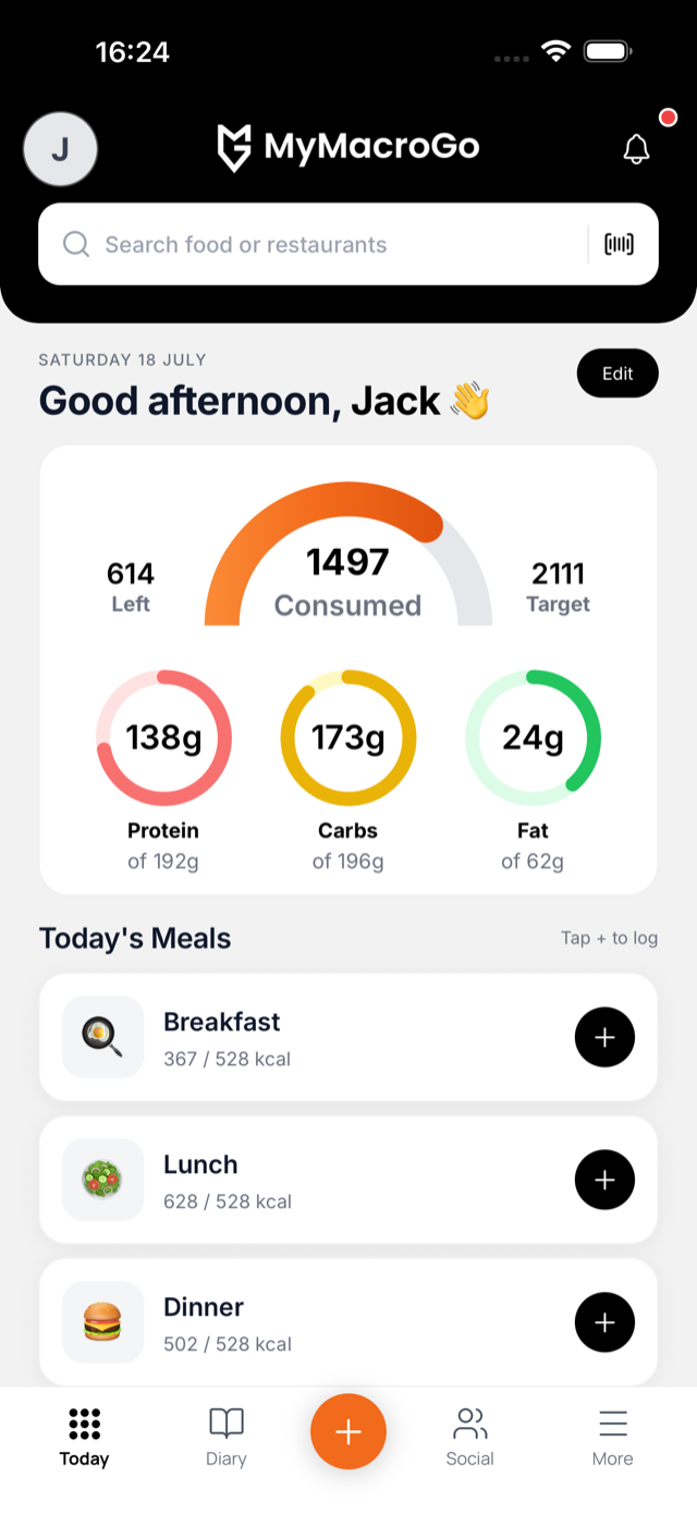 MyMacroGo Today screen showing calories, macros and today's meals