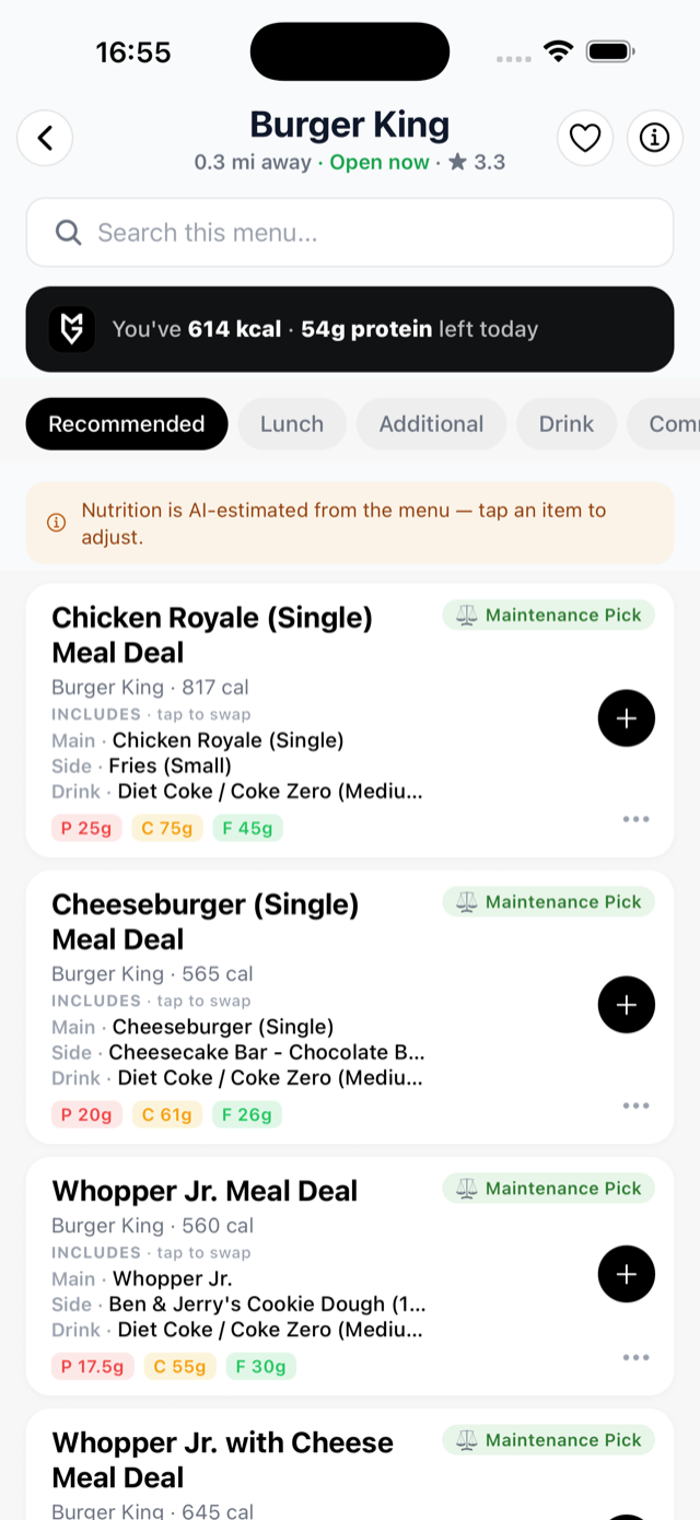 Burger King menu in MyMacroGo showing meal deals with calories and macros that fit your day
