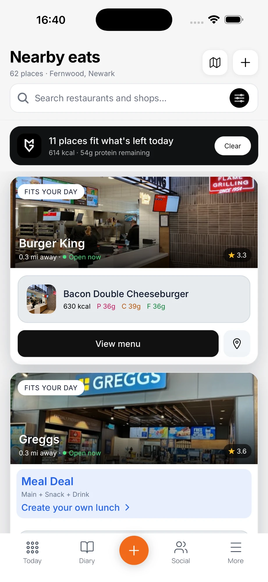 Nearby Eats list showing restaurants that fit your macros