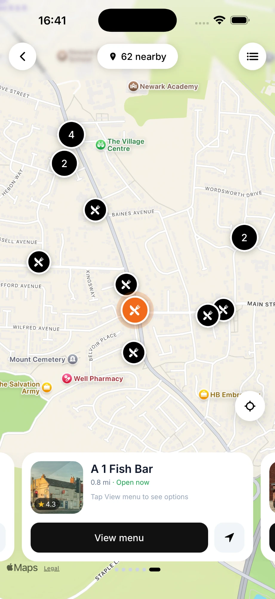 Nearby Eats map showing restaurants around you