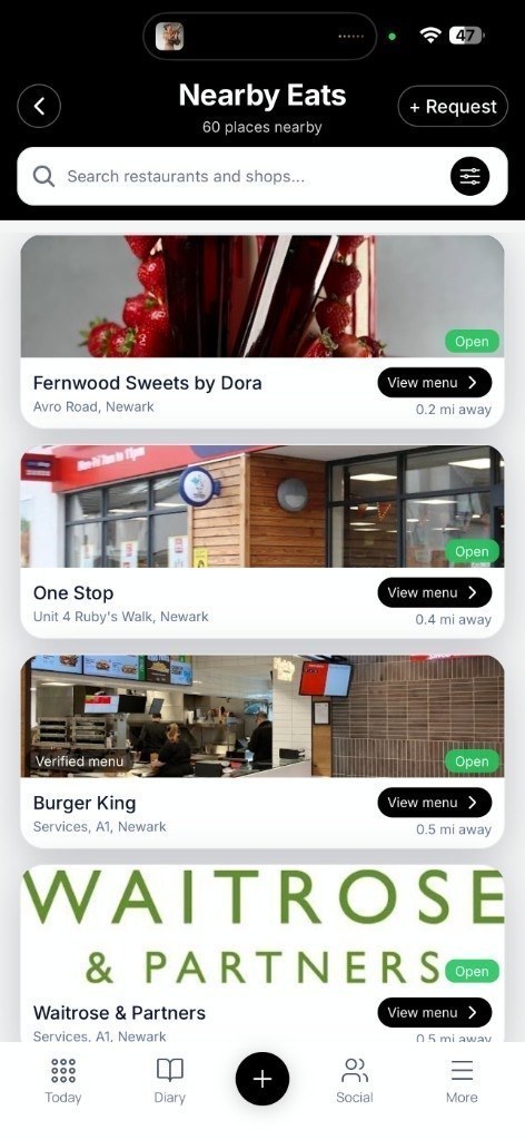 Nearby Eats screen in MyMacroGo