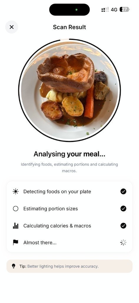 Plate Scanner analysing a roast dinner with macro breakdown