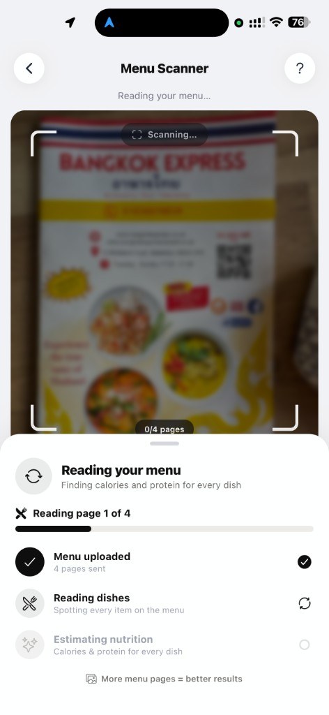 Menu Scanner reading a restaurant menu with live progress