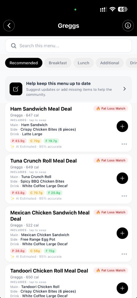 Greggs menu in MyMacroGo showing meal deals with calories and macros