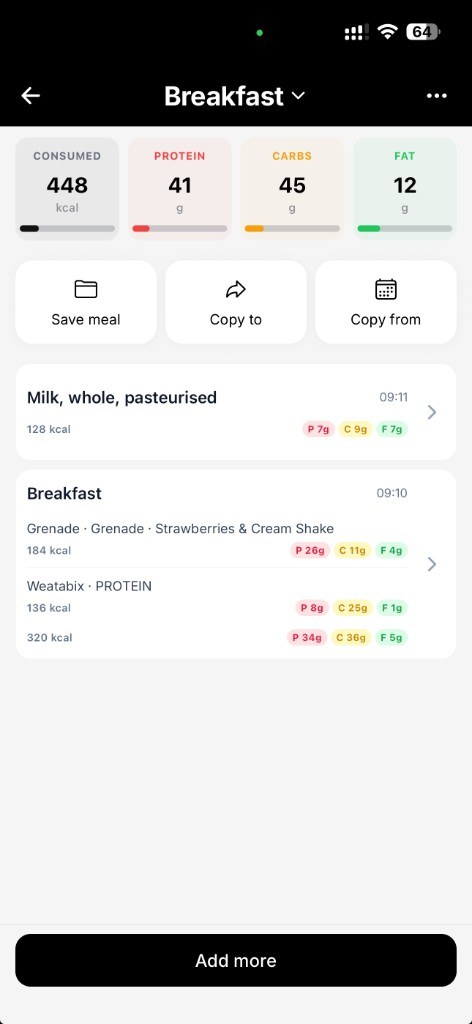 Breakfast meal log in MyMacroGo with calories and macro breakdown